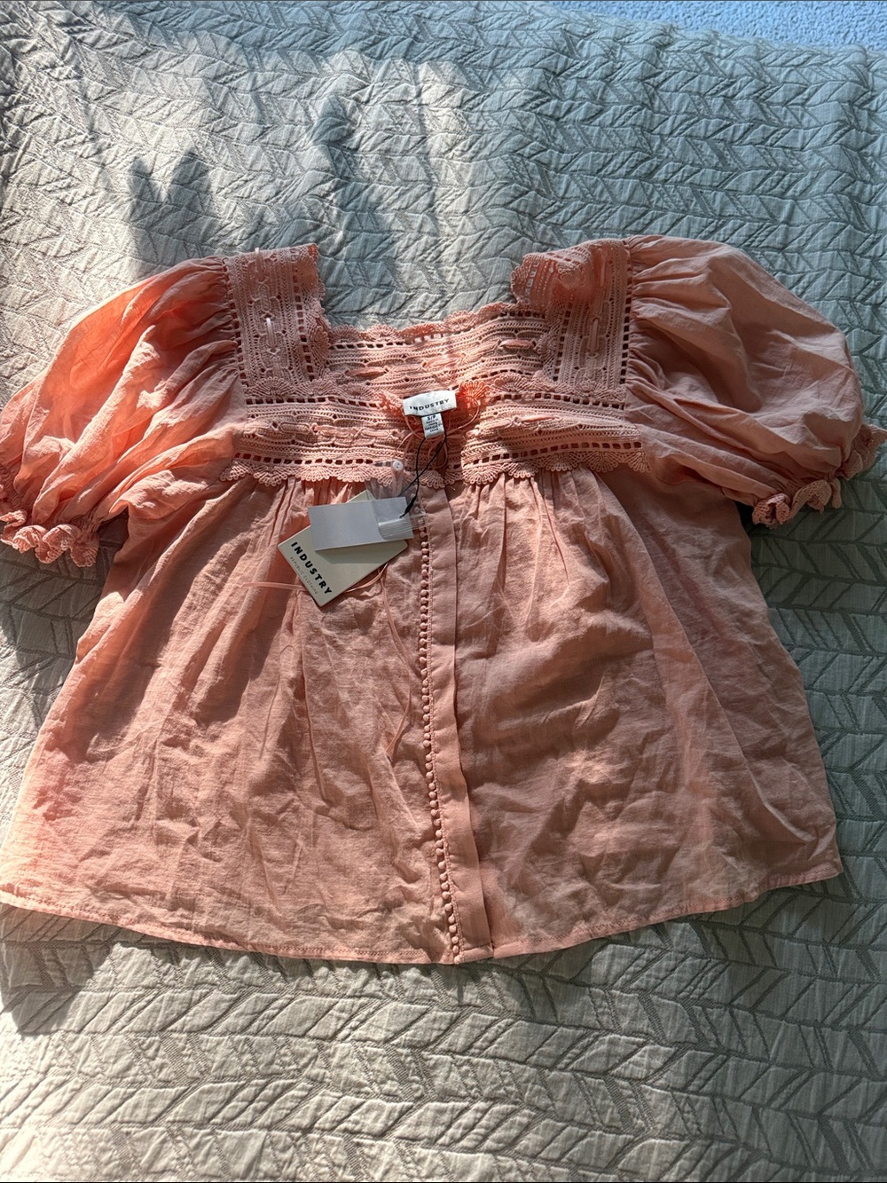 Peach Eyelet Smocked Puff-Sleeve Blouse